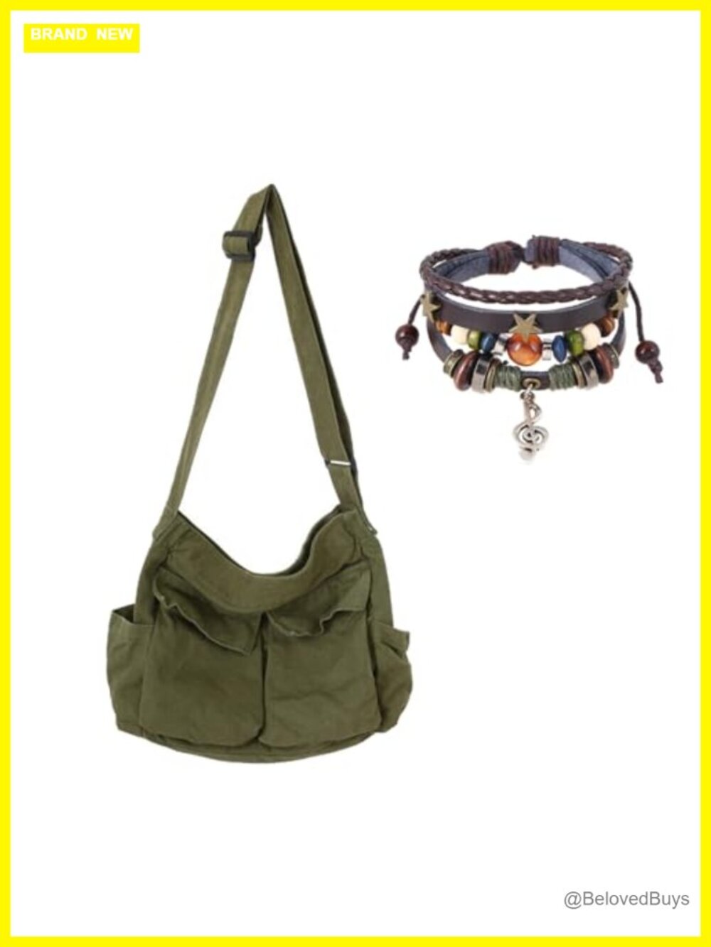 Canvas Messenger Bag Hobo Crossbody with Leather Beaded Bracelet
